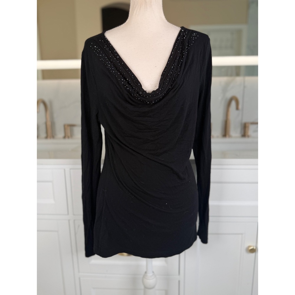 212 Collection Top Womens XS Black Cowl Neck Beaded Long Sleeve Stretch Y2K Goam